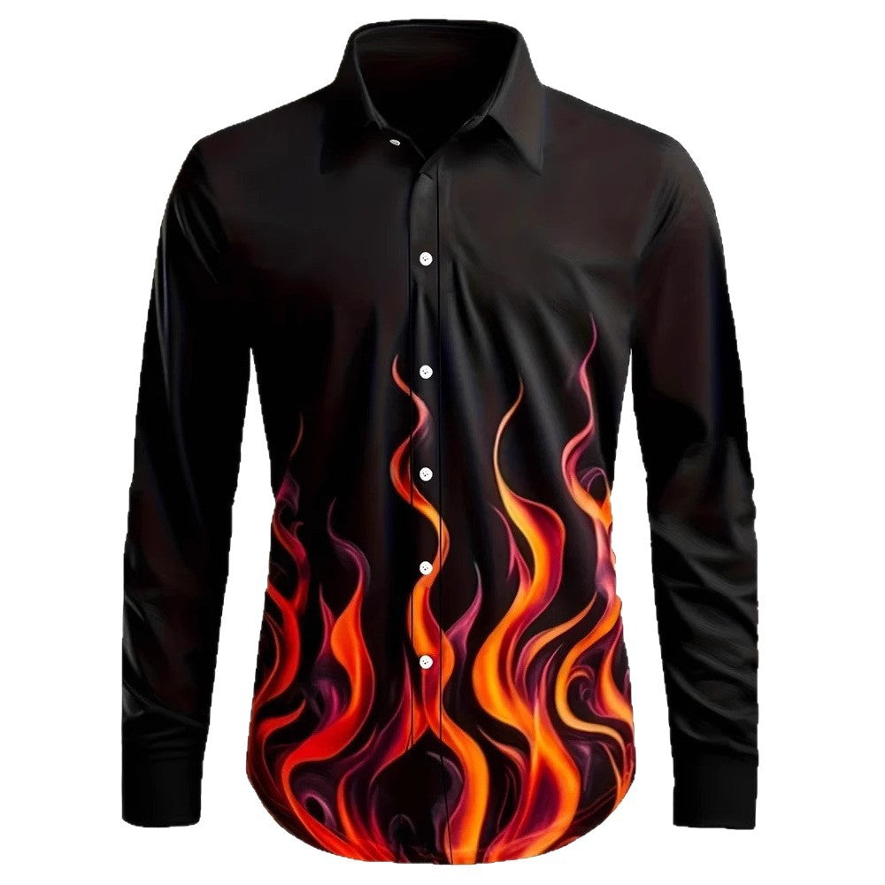 Side profile of Hawaiian Style Men’s Long Sleeve Shirt billowing gently, showing roomy cut and vibrant tropical print.

