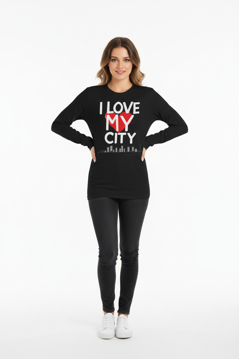 Woman wearing a black long-sleeve graphic shirt with "I LOVE MY CITY" text on a white background