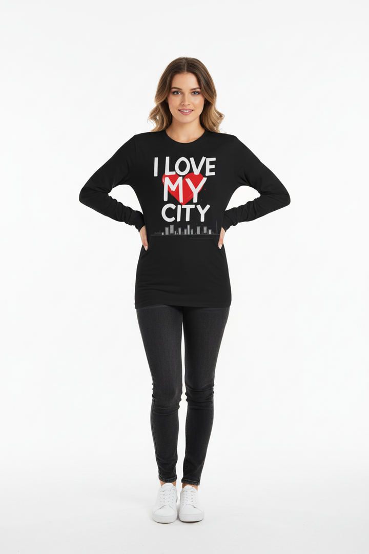 Woman wearing a black long-sleeve graphic shirt with "I LOVE MY CITY" text on a white background