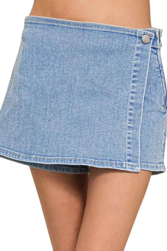 Wrap Denim Mini Skirt - Light Wash, Flattering Fit