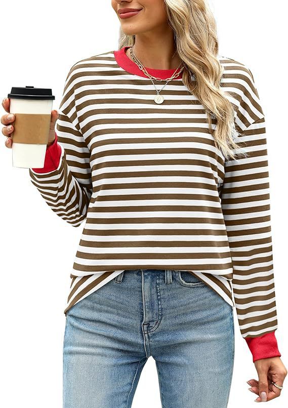 Size range chart next to Color Contrast Striped Long Sleeve top