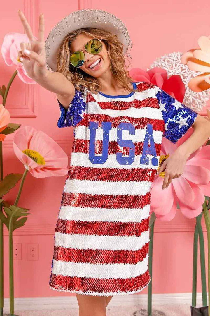 USA Flag Sequin Dress - Patriotic Sparkle for July 4th