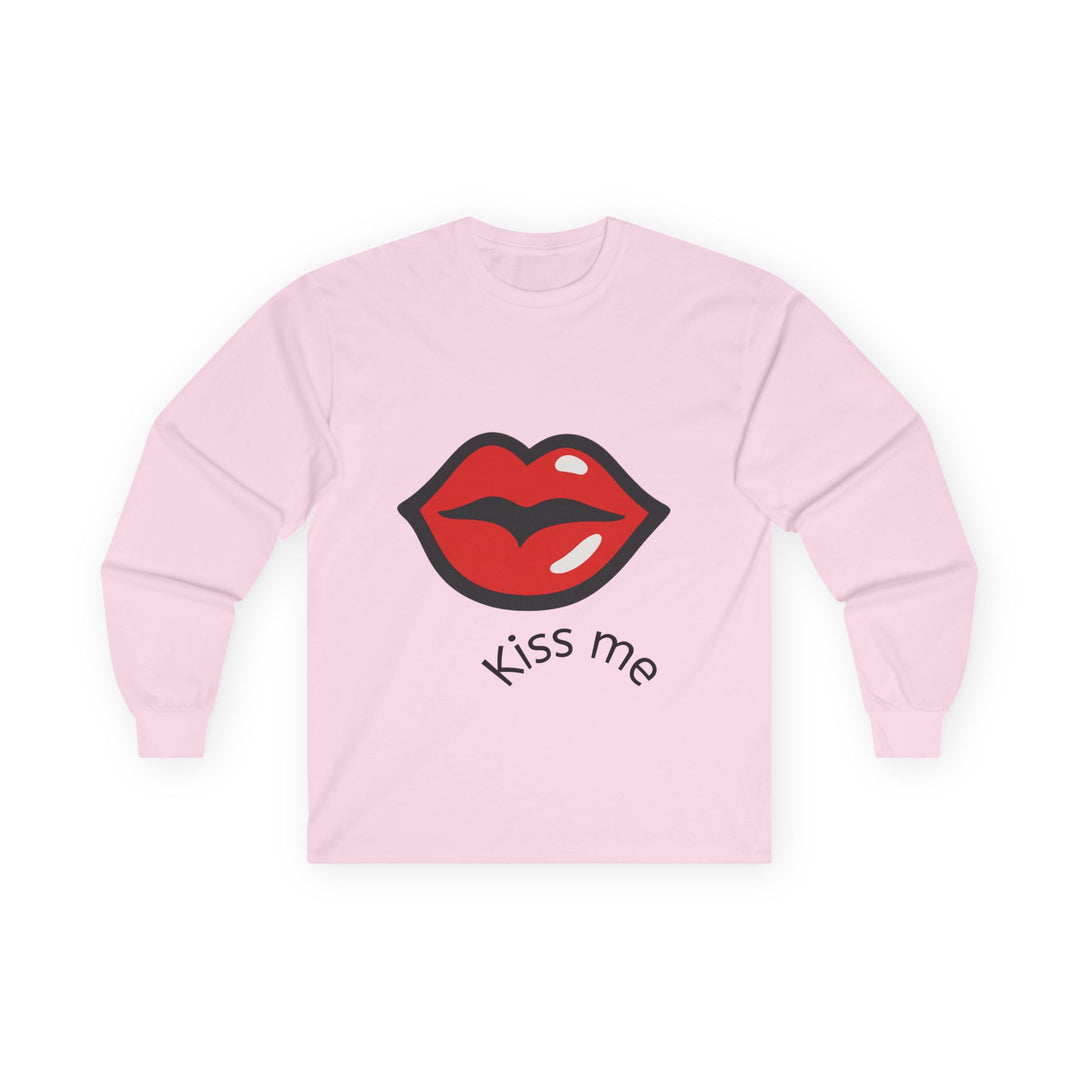 Pink long sleeve tee with red lips graphic and text