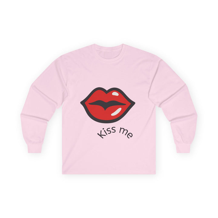 Pink long sleeve tee with red lips graphic and text