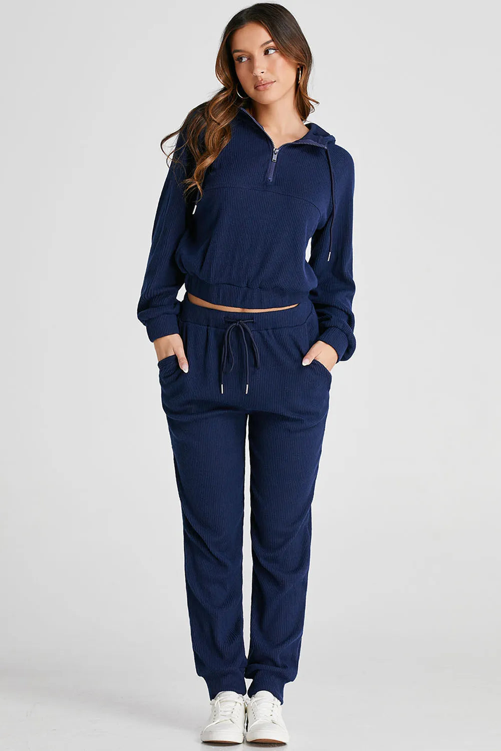 Soft, stretchy activewear set with half-zip hoodie for easy wear.
