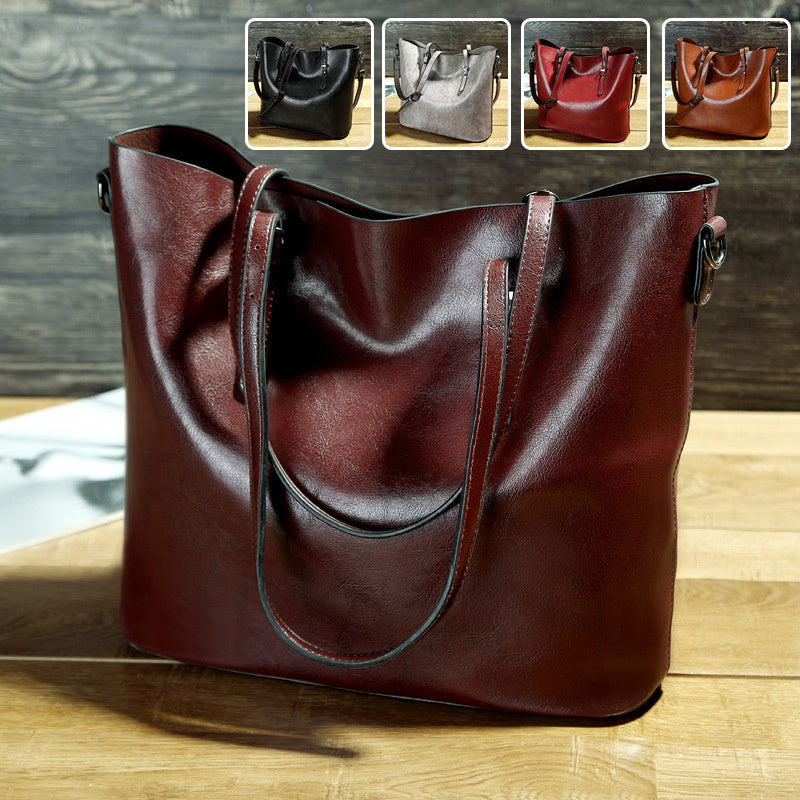 Solid Color Oil Wax Leather Shoulder Tote for Women