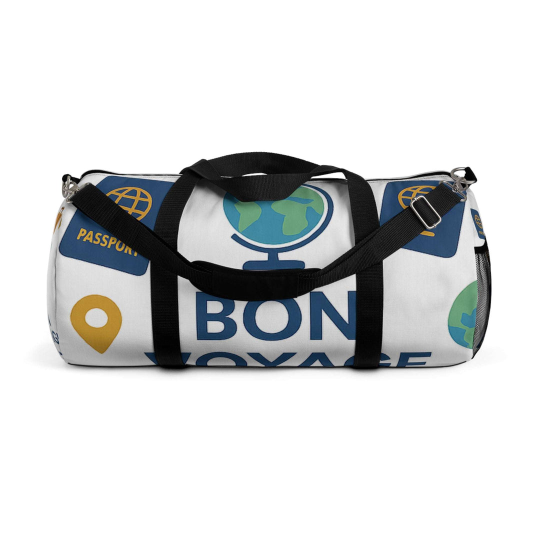 White travel duffel bag with Bon Voyage design