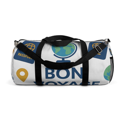 White travel duffel bag with Bon Voyage design