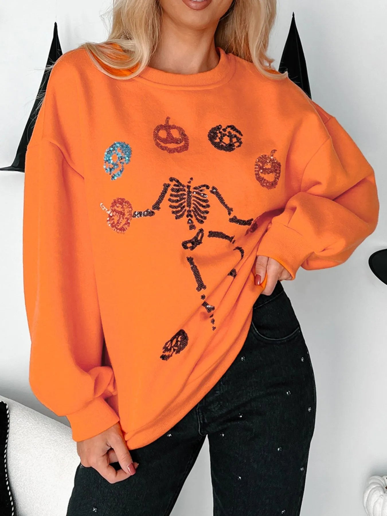 Spooky Chic Pumpkin Skeleton Sweatshirt – Fall Outfit Must-Have