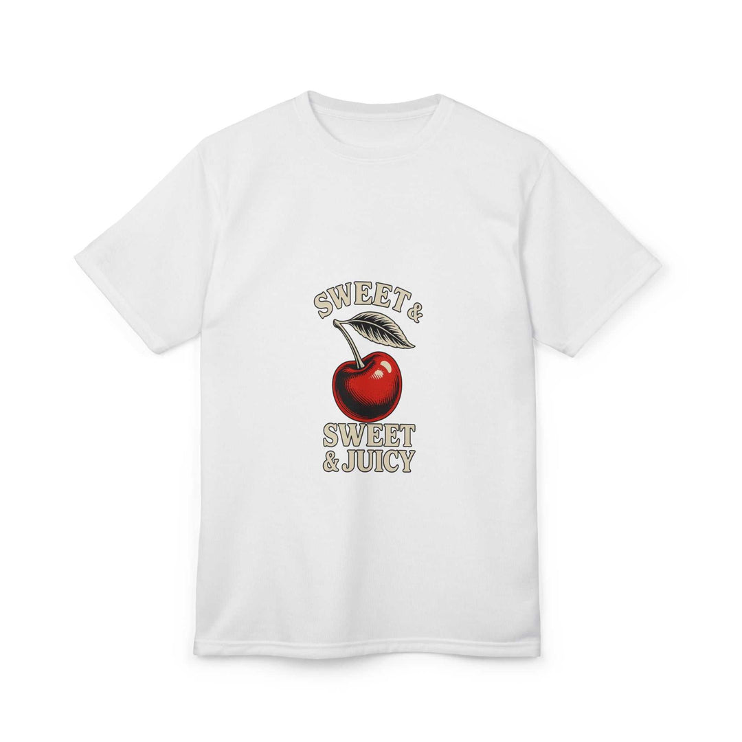 White unisex tee with cherry graphic and text