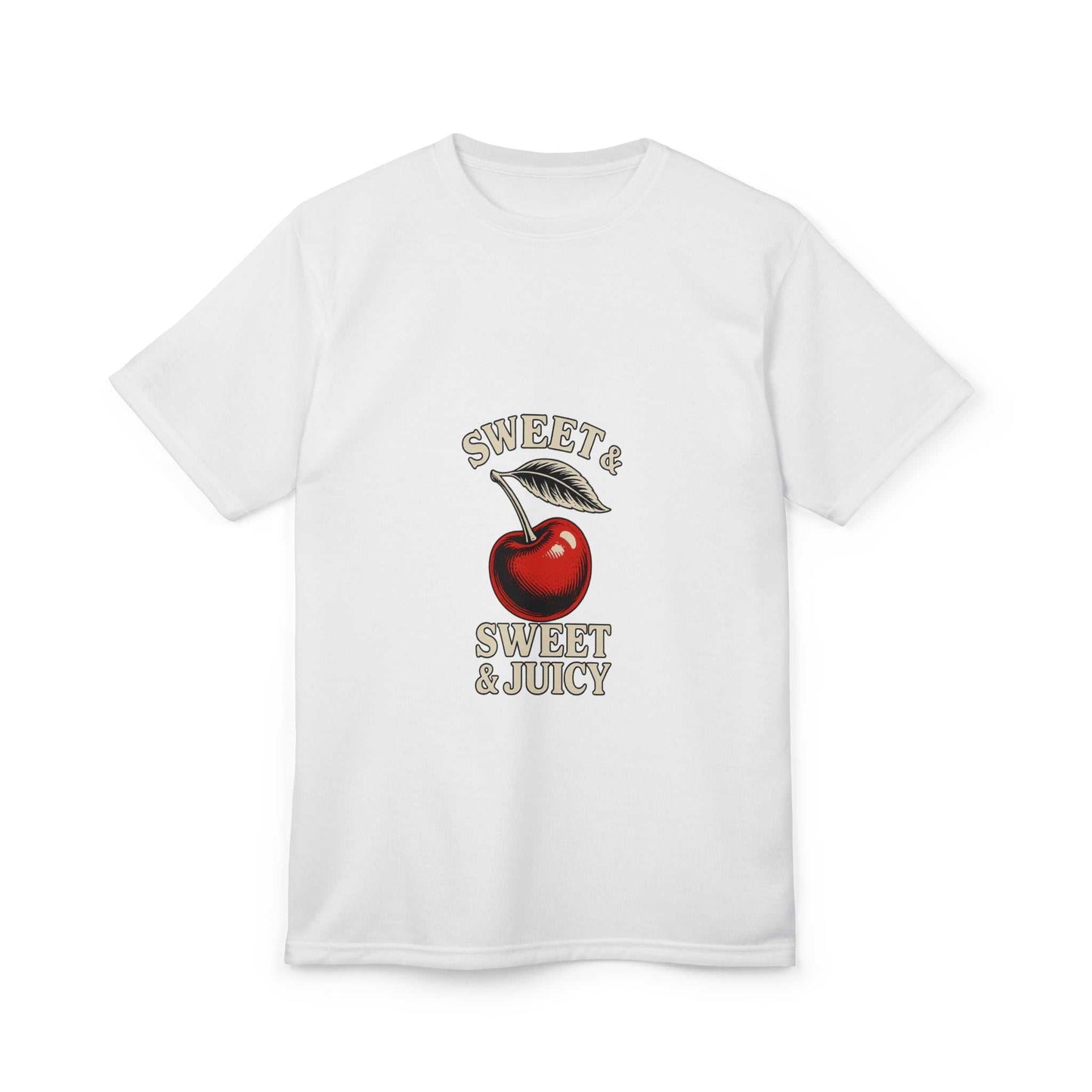 White unisex tee with cherry graphic and text
