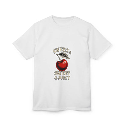 White unisex tee with cherry graphic and text