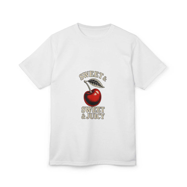 White unisex tee with cherry graphic and text