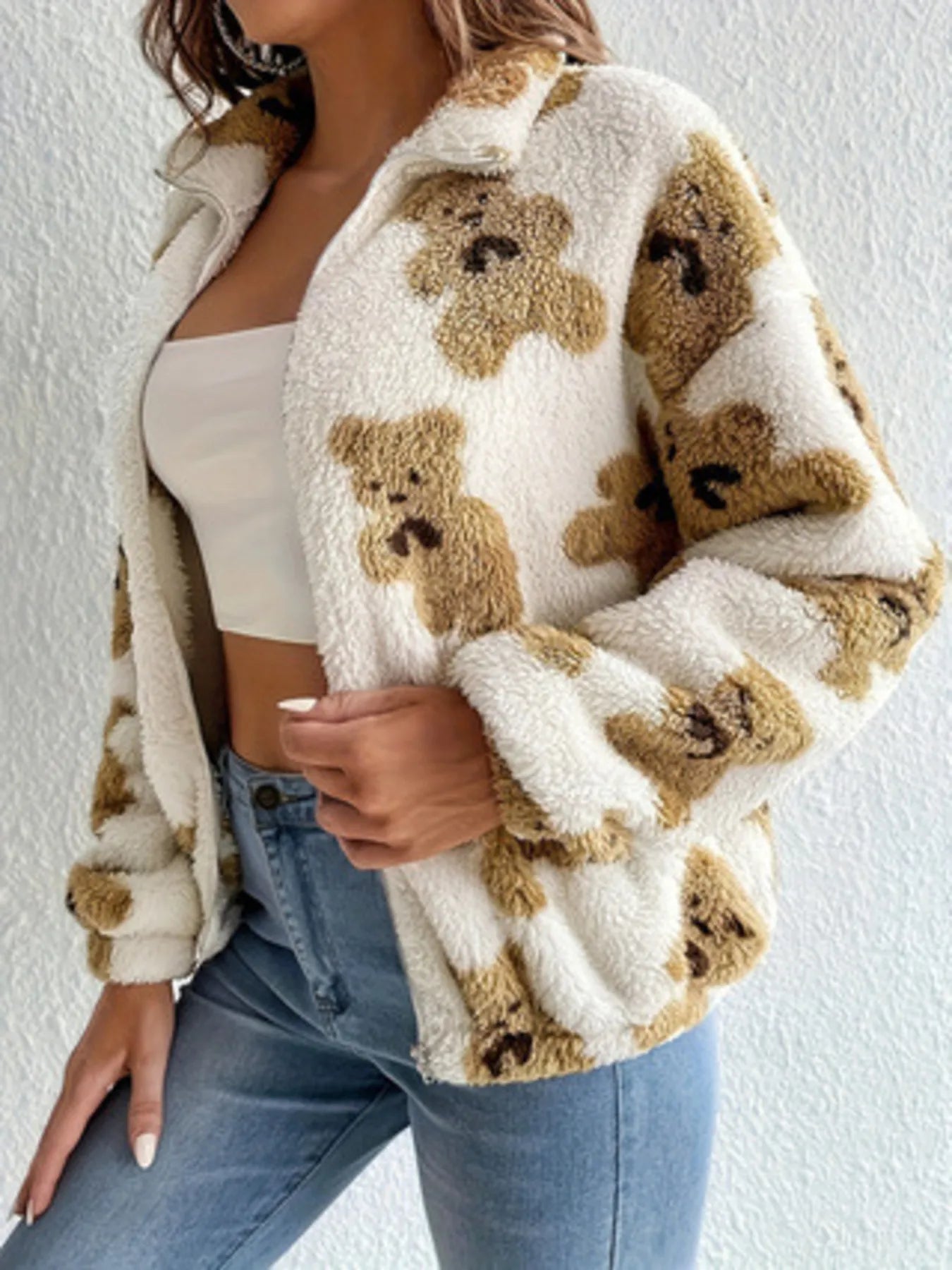 Stay-in chic: bear print fleece jacket for movie night comfort