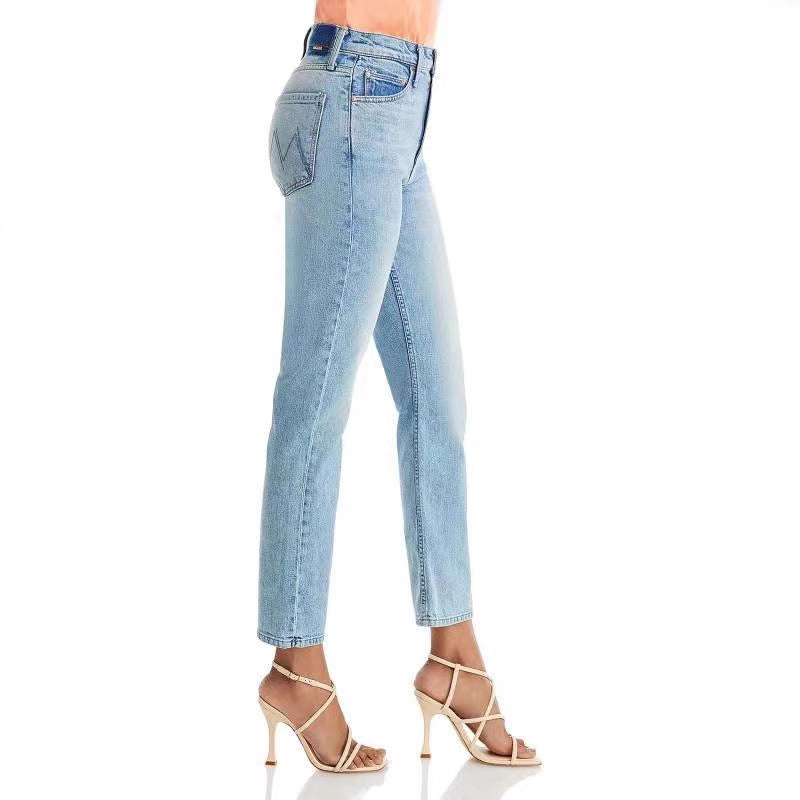 Cotton denim cropped pants with high waist and stretch

