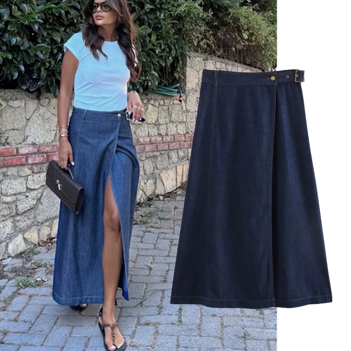 Straight denim skirt styled with white blouse for casual summer wear