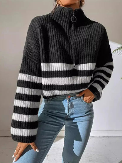 Striped Half Zip Cropped Sweater – Front View on Model, Rib-Knit Comfort