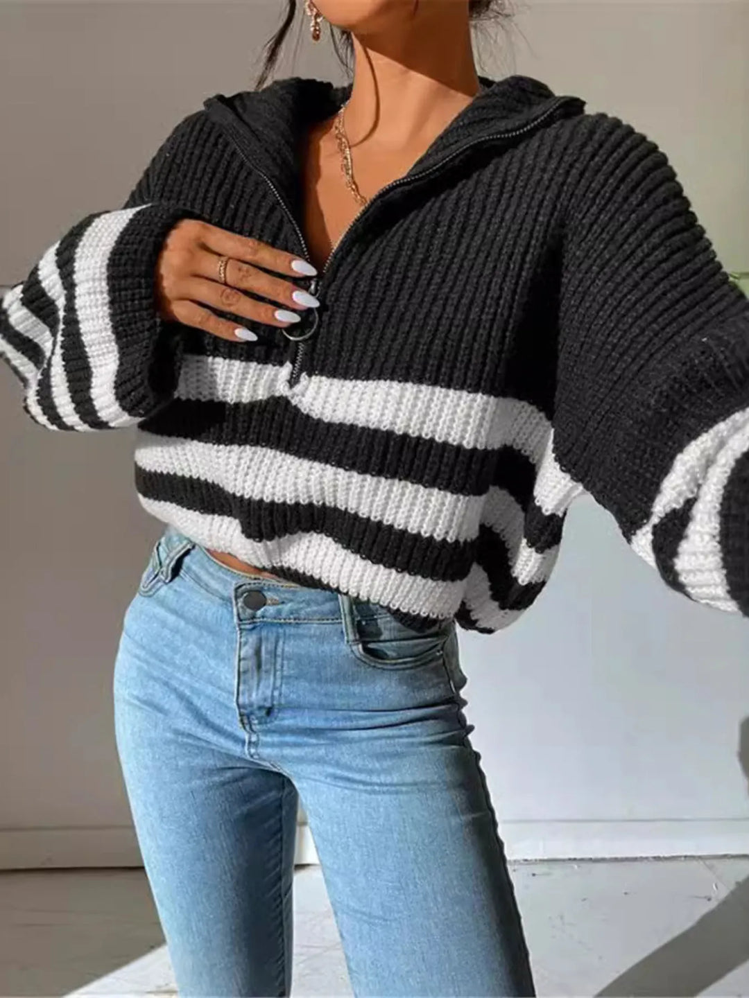 Striped Half Zip Cropped Sweater for Women