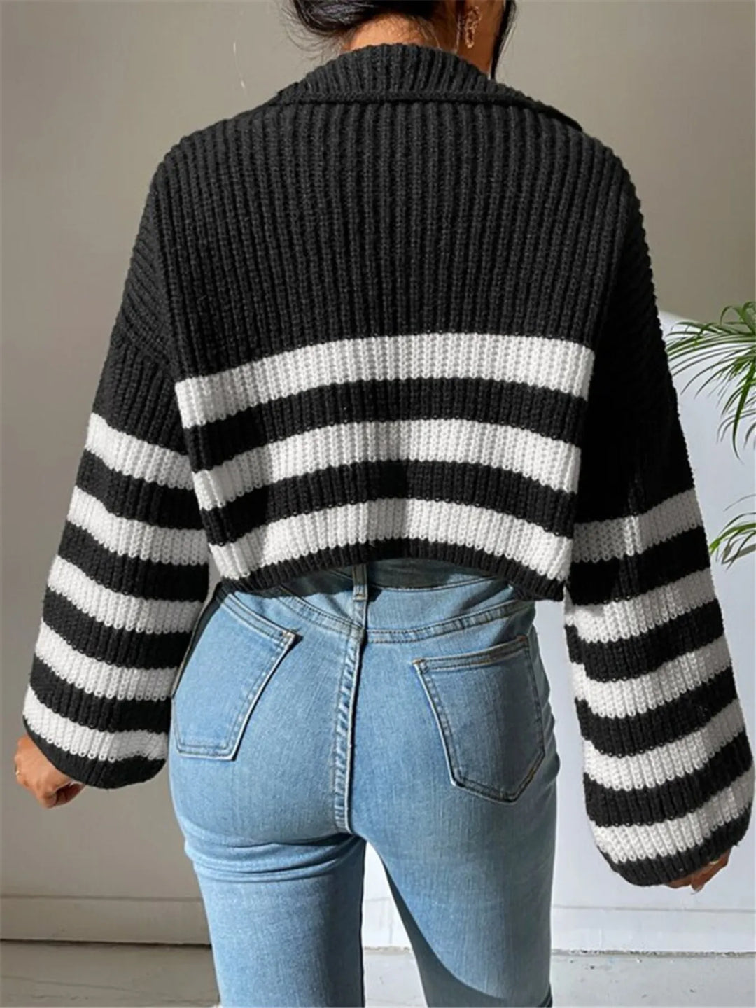 Striped Half Zip Cropped Sweater for Women