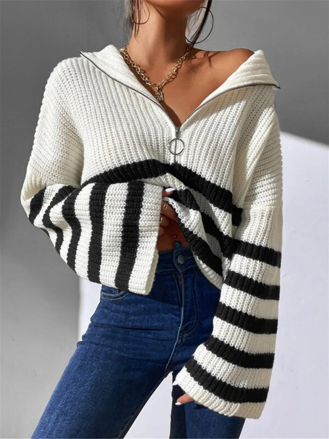 Striped Half Zip Cropped Sweater for Women