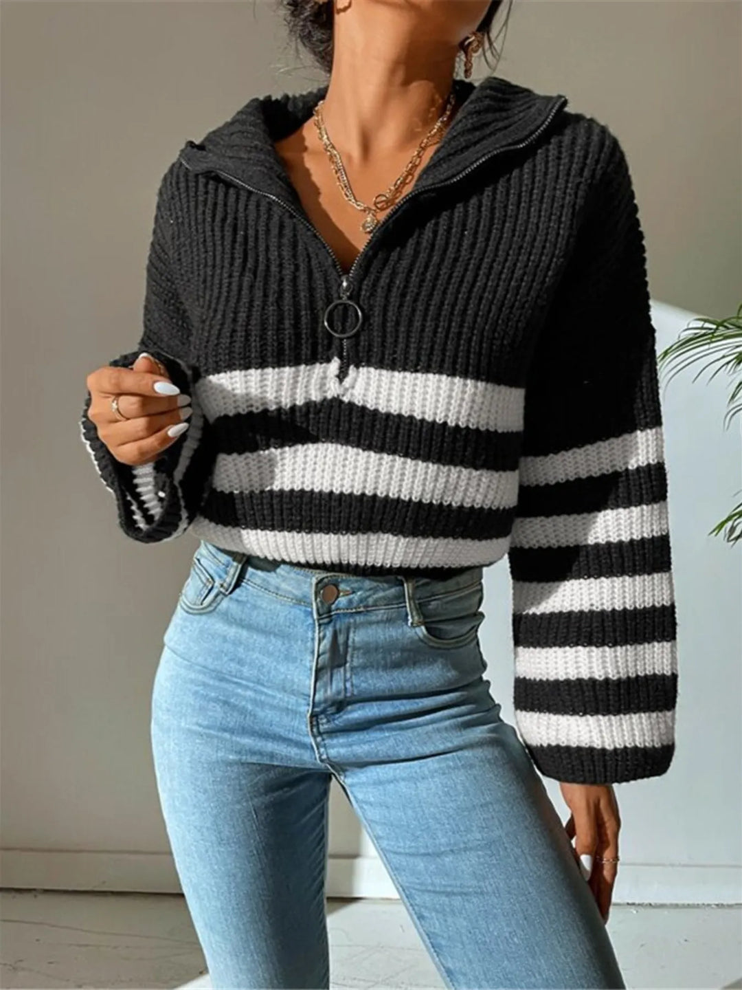 Striped Half Zip Cropped Sweater for Women