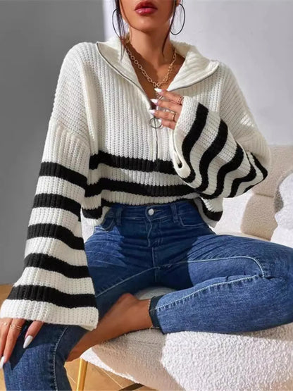 Striped half zip cropped sweater – office-ready layered look