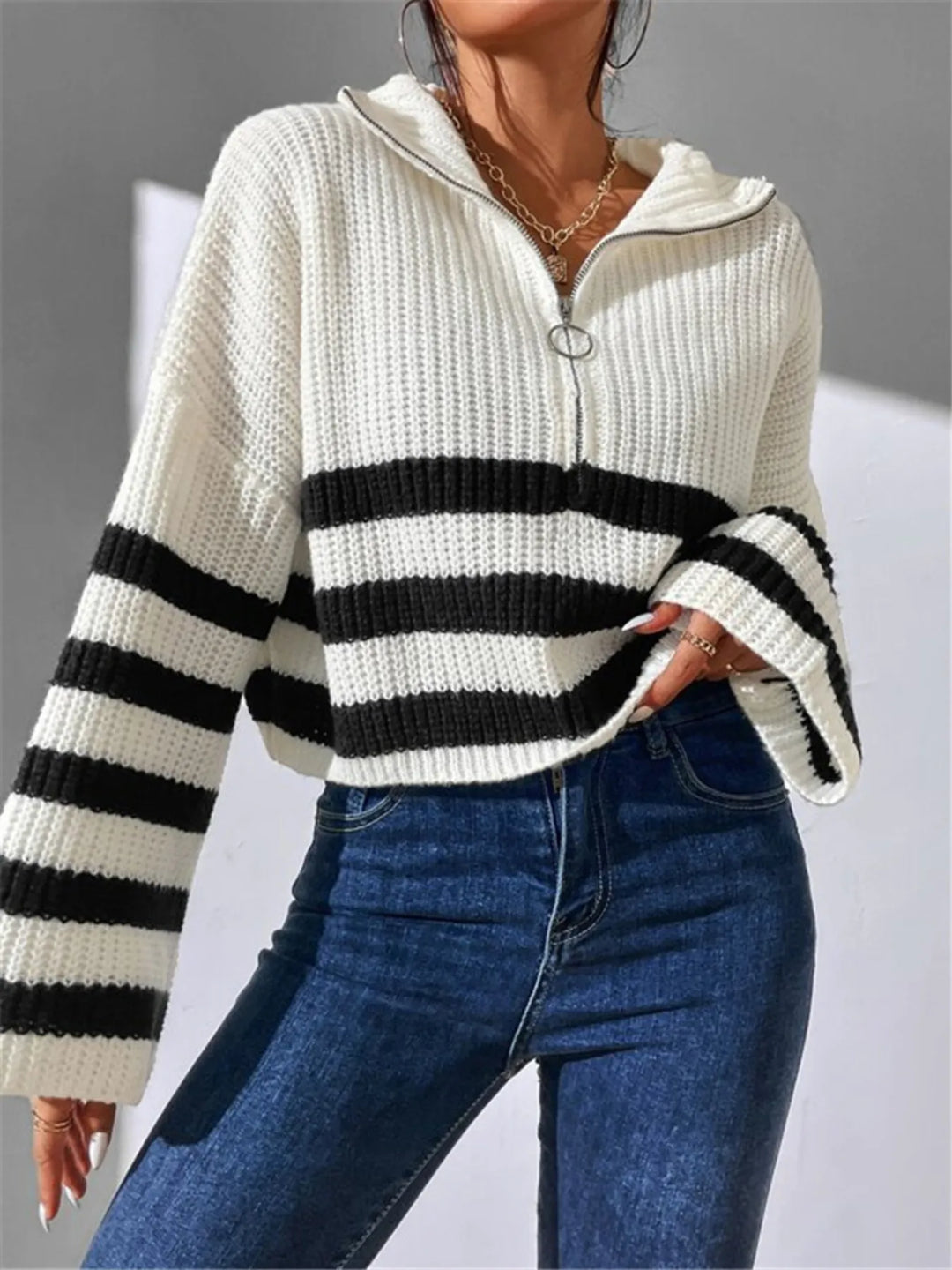 Striped Half Zip Cropped Sweater for Women