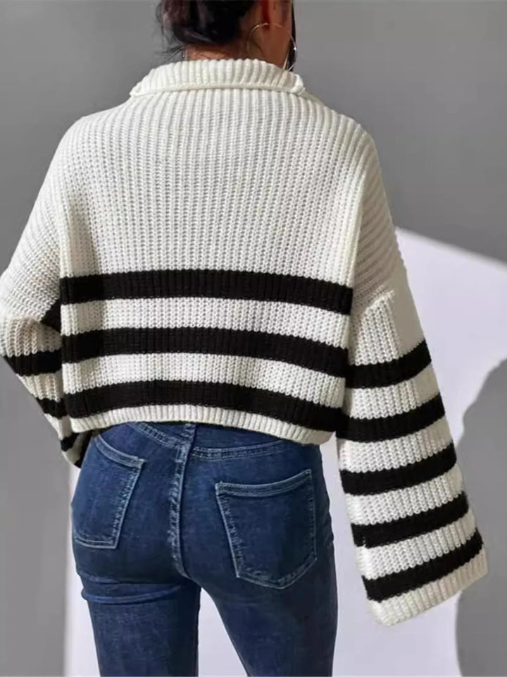 Striped Half Zip Cropped Sweater for Women