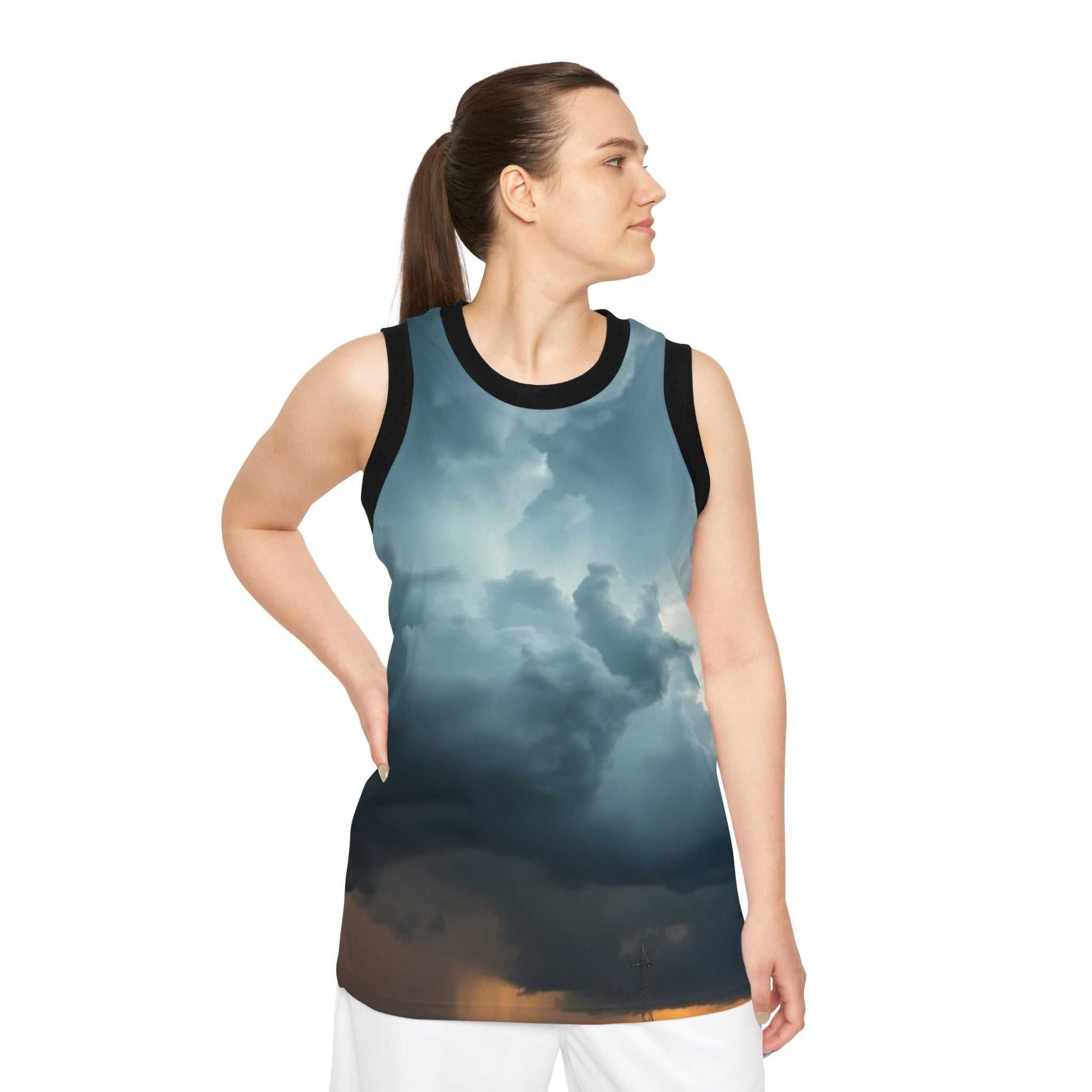 Unisex basketball jersey with stormy sky print