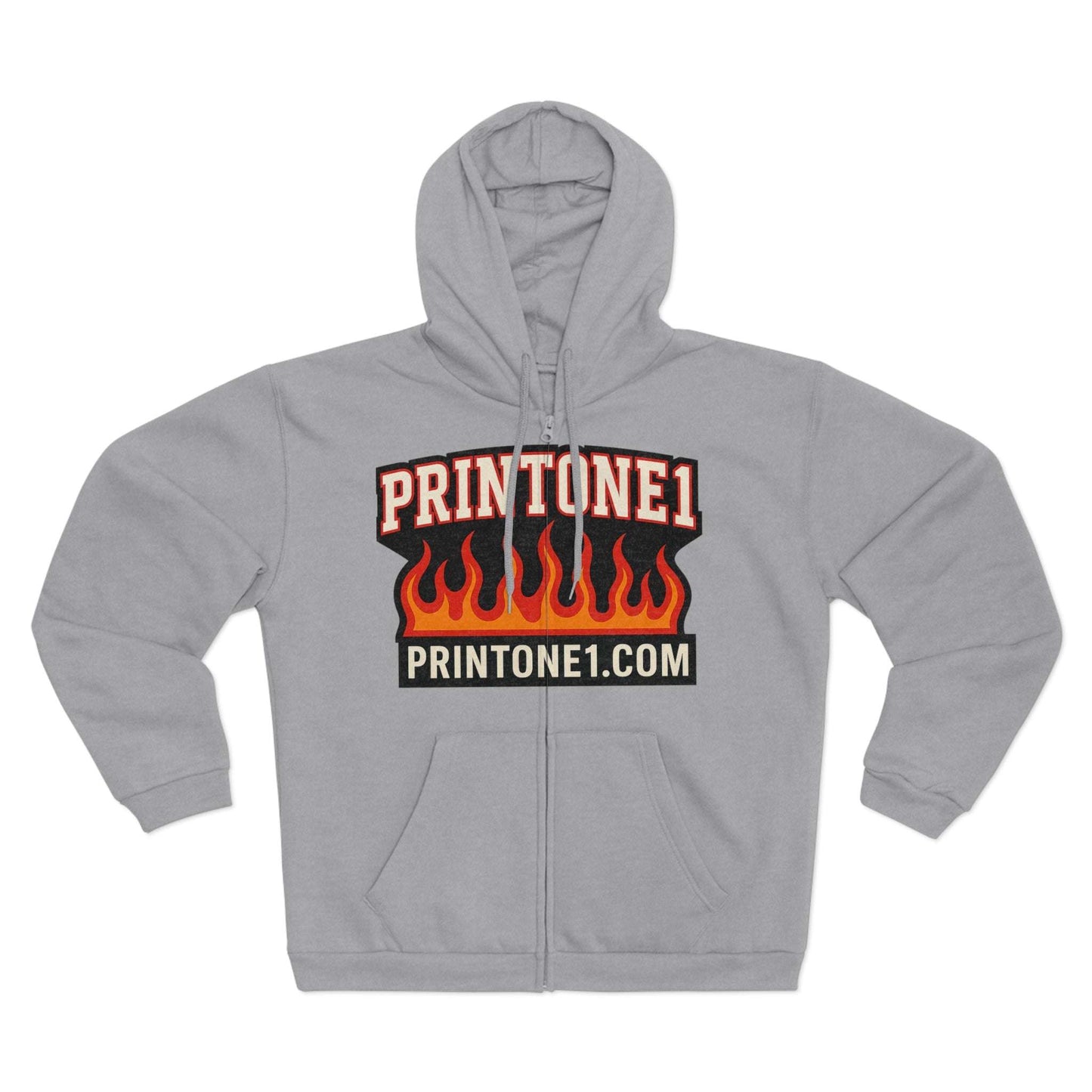 Gray unisex zip hoodie with flame print and kangaroo pocket
