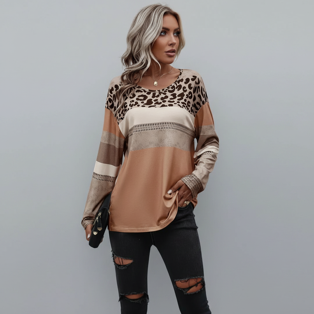 Damen T-Shirt mit Leopardenmuster und langen Ärmeln in Übergröße