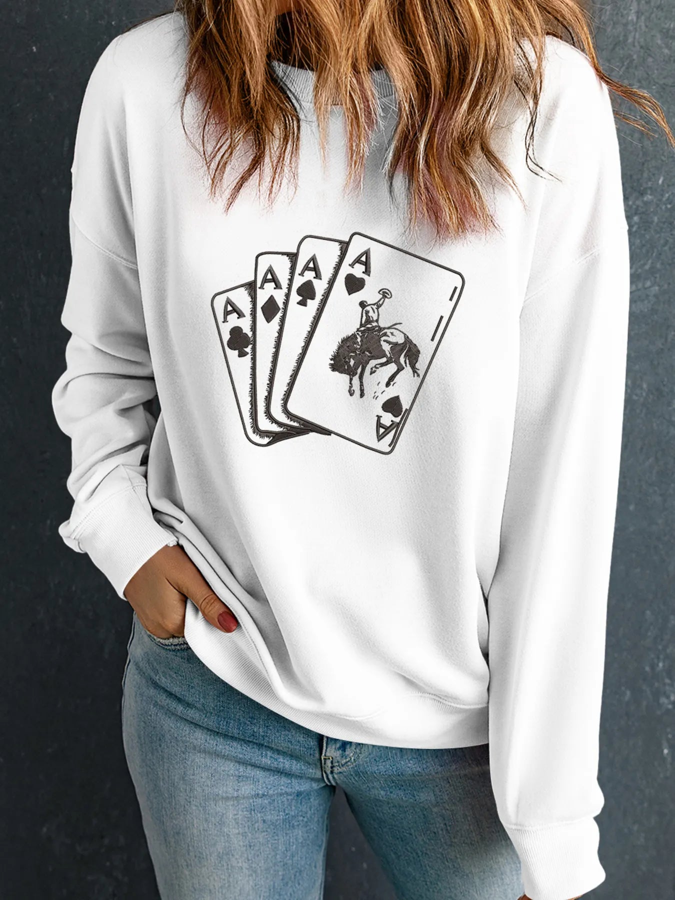 Stylish Western Long Sleeve Sweatshirt with Ace Card Print

