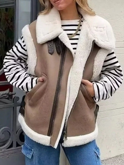 Stylish Women's Faux Shearling Trim Vest – Open Bust Design Hits at 26 Inches, Ideal for Cozy Outings