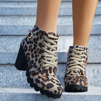 Suede leopard print ankle boots for women – square heel lace-up design.
