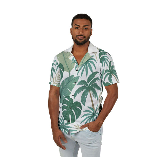 Men's tropical Hawaiian camp shirt with green palm print