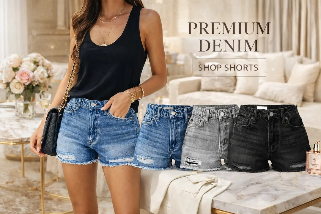 "fringe denim shorts back view highlighting frayed hem and smooth fit line in grey, lightweight for warm daily wear"
