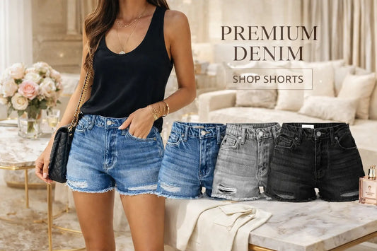 "fringe denim shorts back view highlighting frayed hem and smooth fit line in grey, lightweight for warm daily wear"
