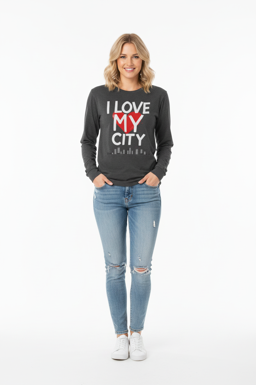 Woman wearing a black sweatshirt with &