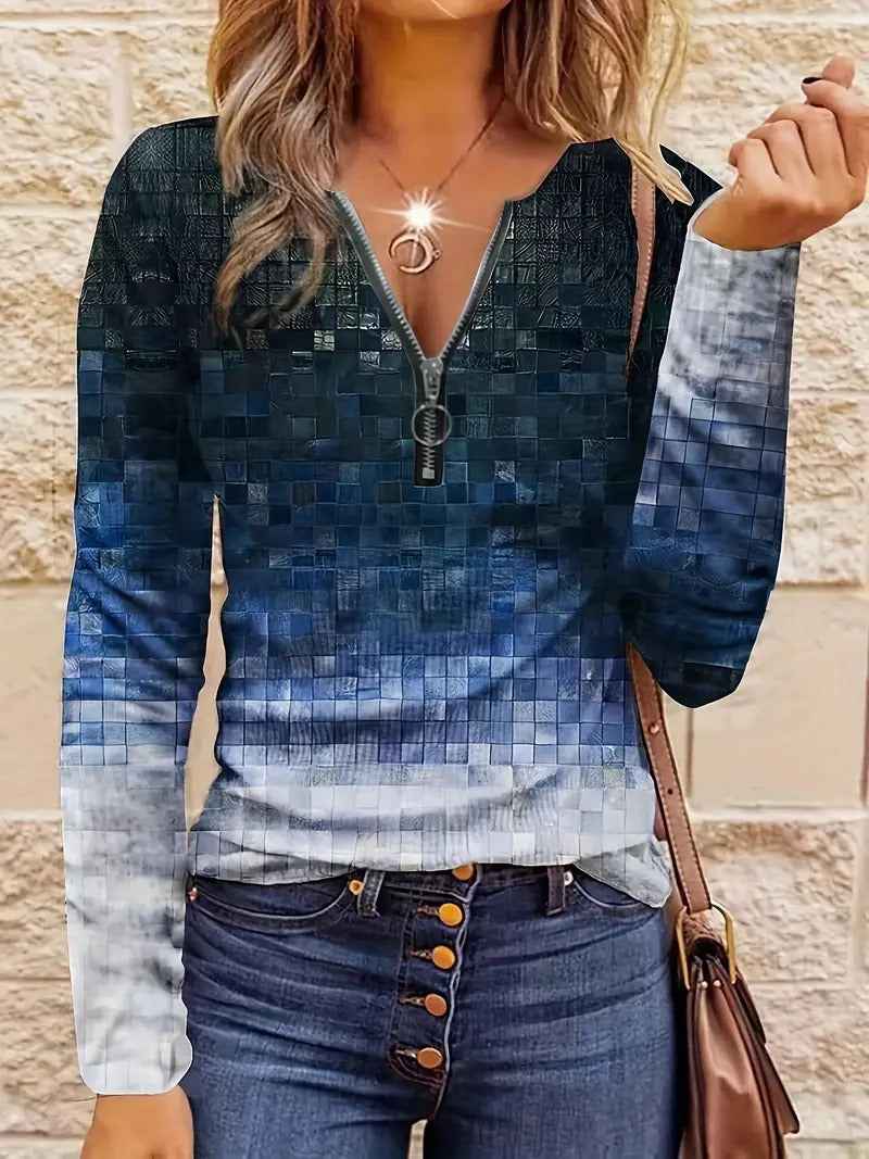 Striped Half Zipper Top for Women  Casual Loose Pullover