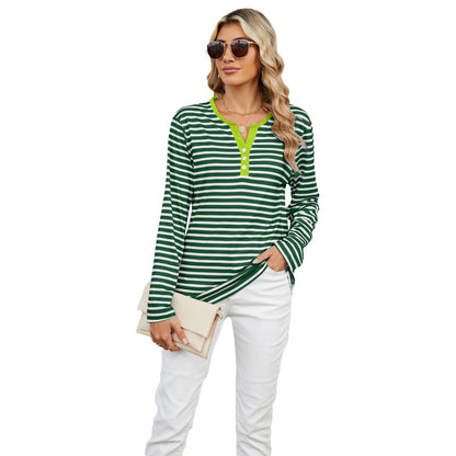 The versatile Striped V-neck T-shirt is the perfect top for layering under a jacket or wearing solo for effortless style.

