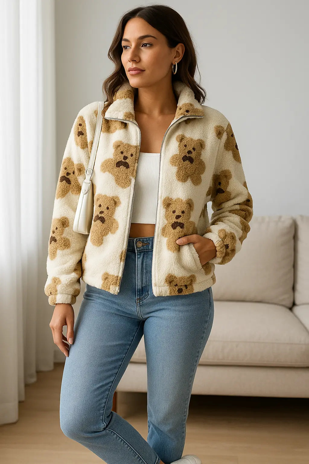 Travel layer essential – bear print fleece jacket packs soft warmth