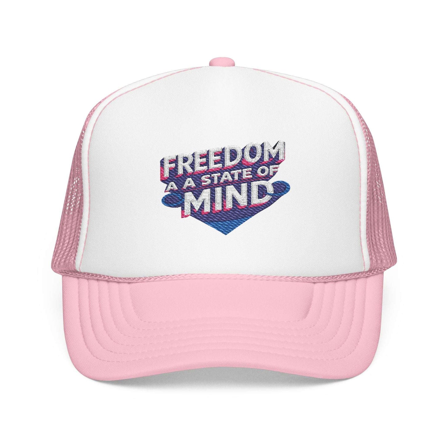Pink and white foam trucker hat with freedom text
