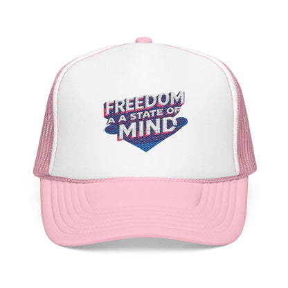 Pink and white foam trucker hat with freedom text