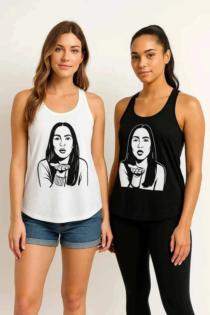 Women’s flowy racerback tank tops with graphic print