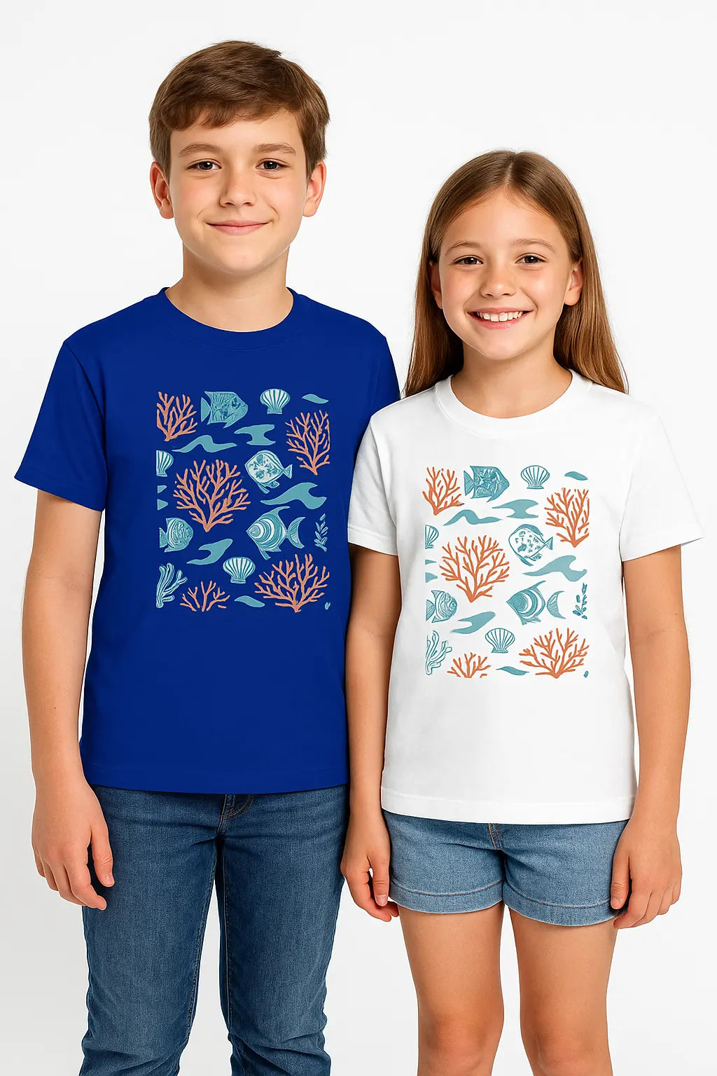 Boy in blue and girl in white coral-themed T-shirts standing side by side, perfect for product showcase on white backdrop.
