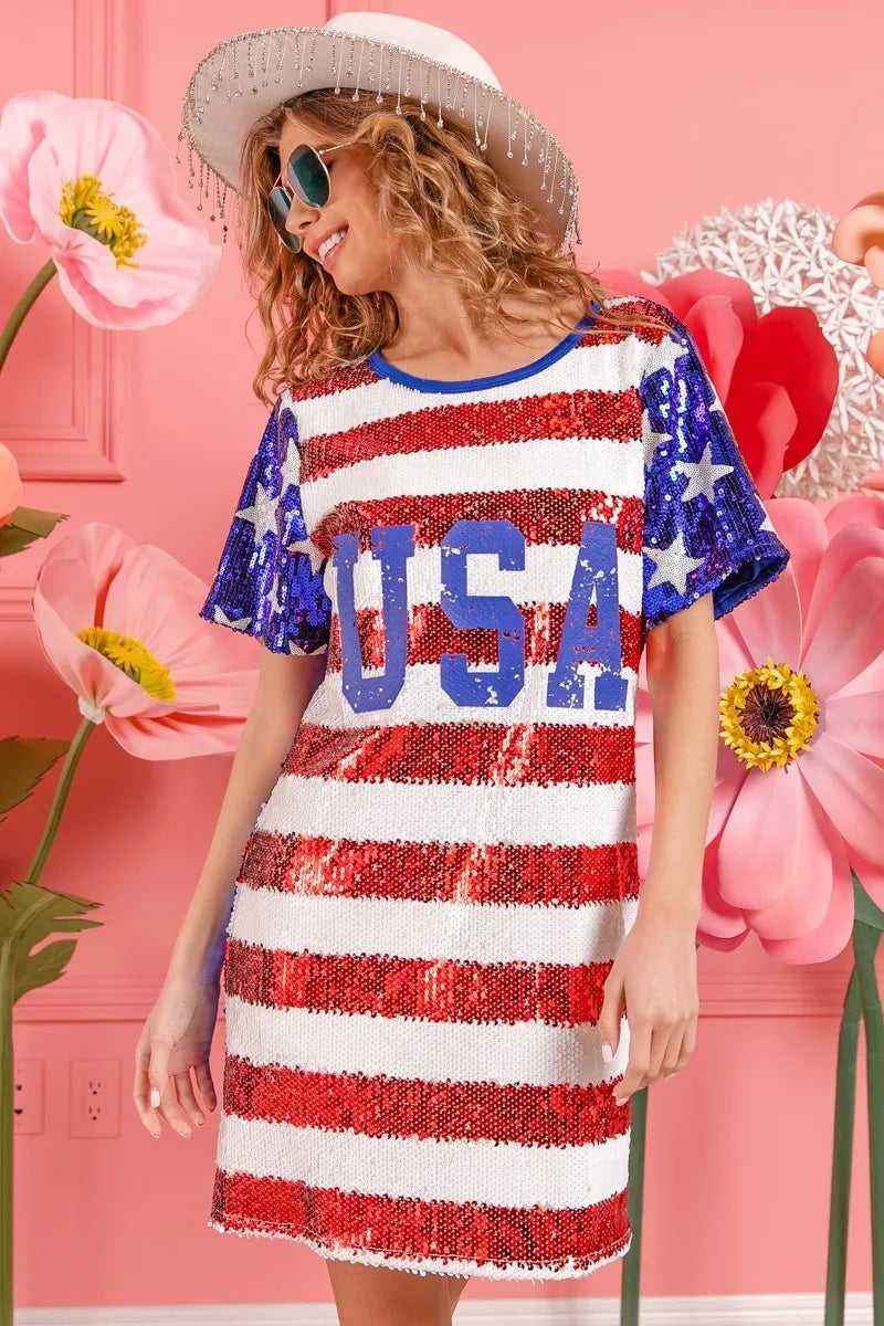 USA Flag Sequin Dress - Patriotic Sparkle for July 4th