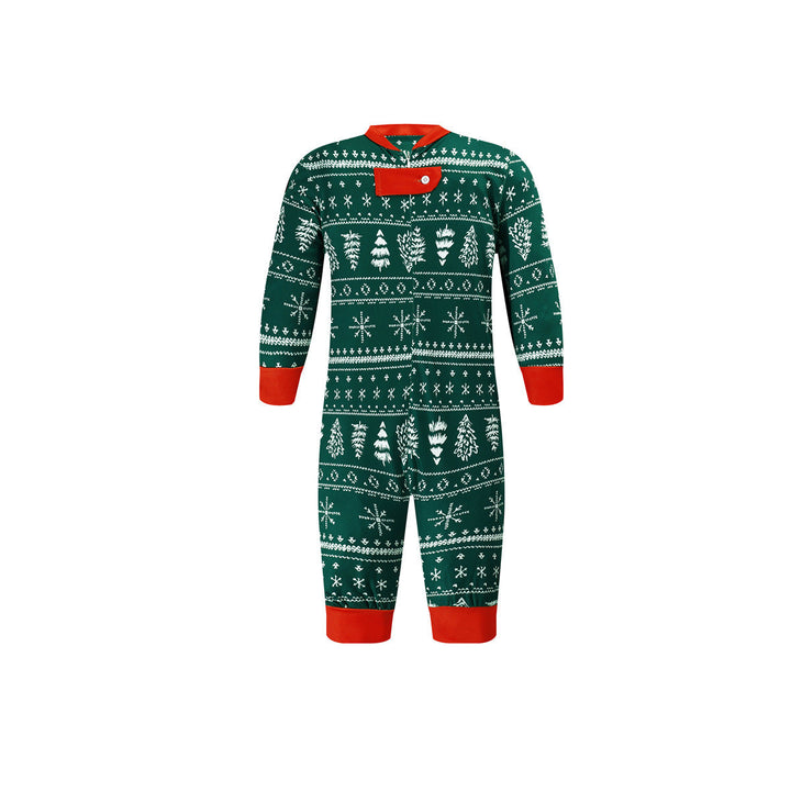 Baby green Christmas one-piece pajamas with white holiday motifs and red trim.