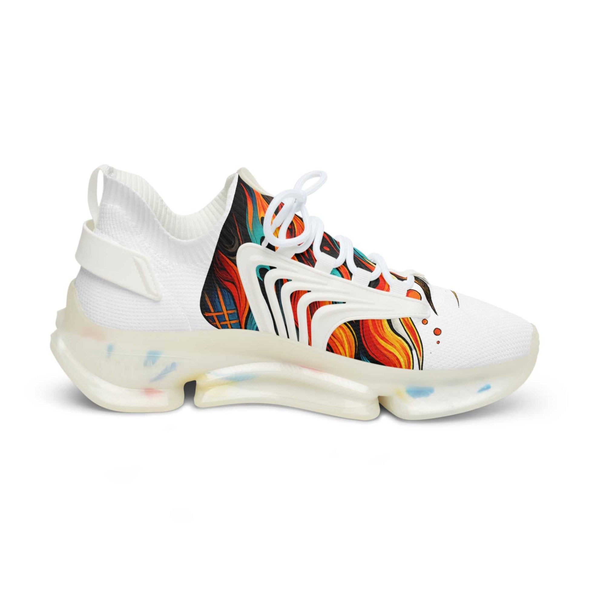 Men's white mesh sneaker with vibrant flame design