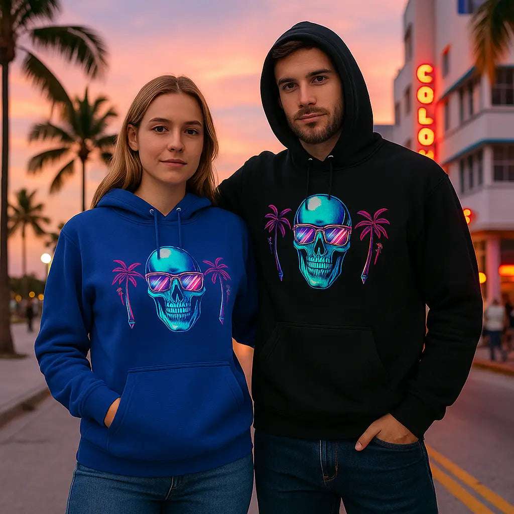 Bold skull graphic hoodie for men and women in casual wear
