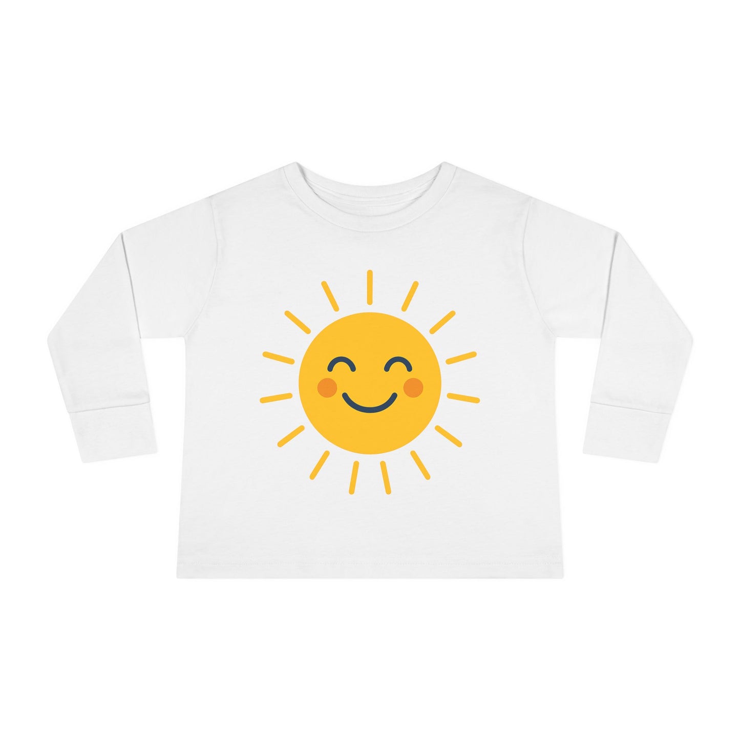 Unisex Sunny Smile Toddler Long Sleeve Tee styled with denim shorts for a fun family outing

